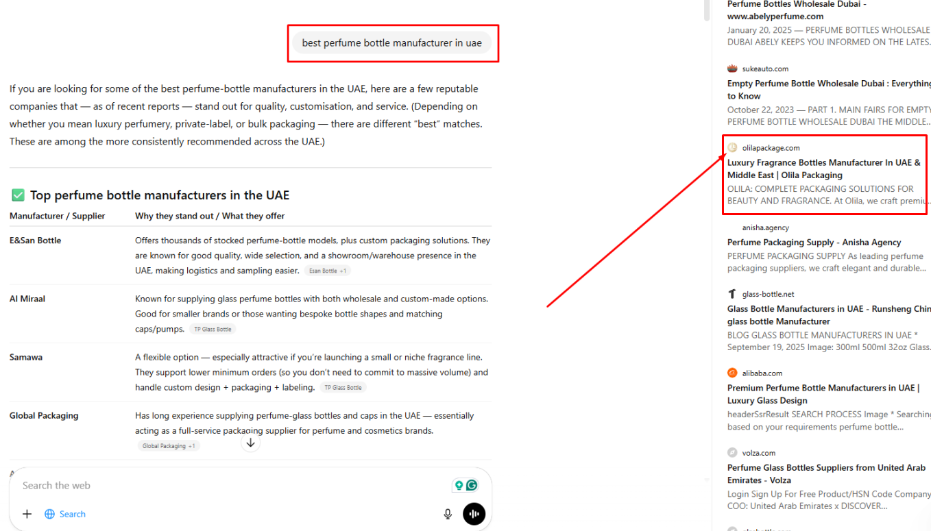 olila mentioned in chatgpt for "best perfume bottles manufacturer in uae"