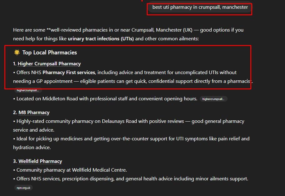 higher crumpsall pharmcy appears in chatgpt result