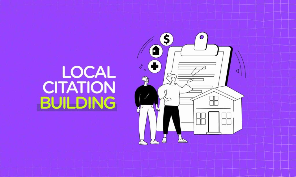 This image focuses on the topic of "Local Citation Building," a digital marketing strategy for increasing a business's online visibility