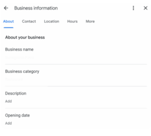the image displays the setup screen of a google business profile