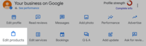 This image displays the product section of Google Business Profile