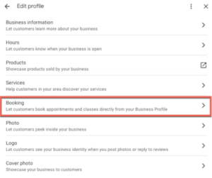 This image displays the booking section of Google Business Profile