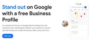 This image promotes a free Google Business Profile, a tool designed to help local businesses manage their online presence across Google Search and Maps