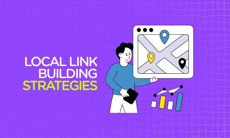 A banner for a blog post titled "LOCAL LINK BUILDING STRATEGIES" featuring a playful illustration of a person holding a large smartphone with a map and location pins.