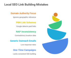 This image outlines five common mistakes made during local search engine optimization (SEO) link building campaigns.