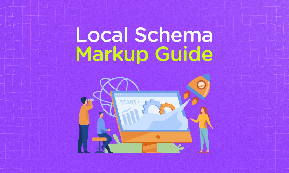 Guide to local schema markup for SEO showing digital marketing team and data on a monitor