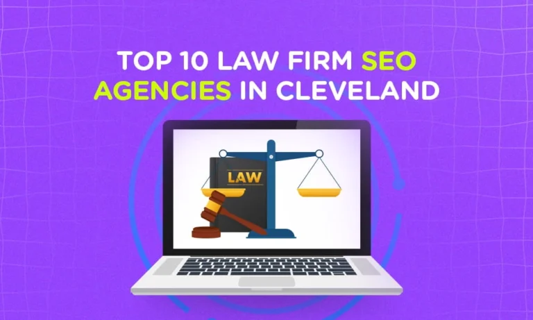 The image showcases a graphic promoting "Top 10 Law Firm SEO Agencies in Cleveland."