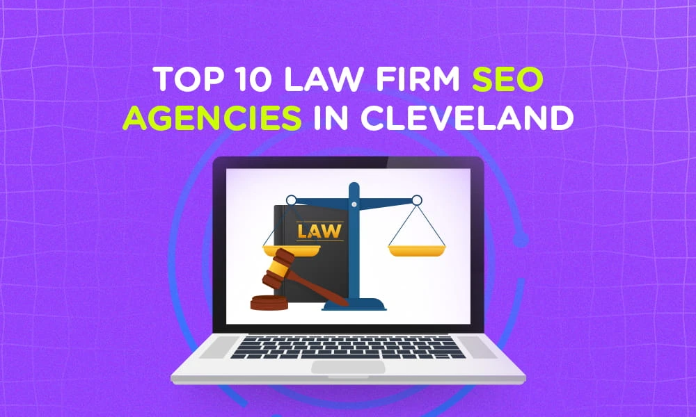The image showcases a graphic promoting "Top 10 Law Firm SEO Agencies in Cleveland."