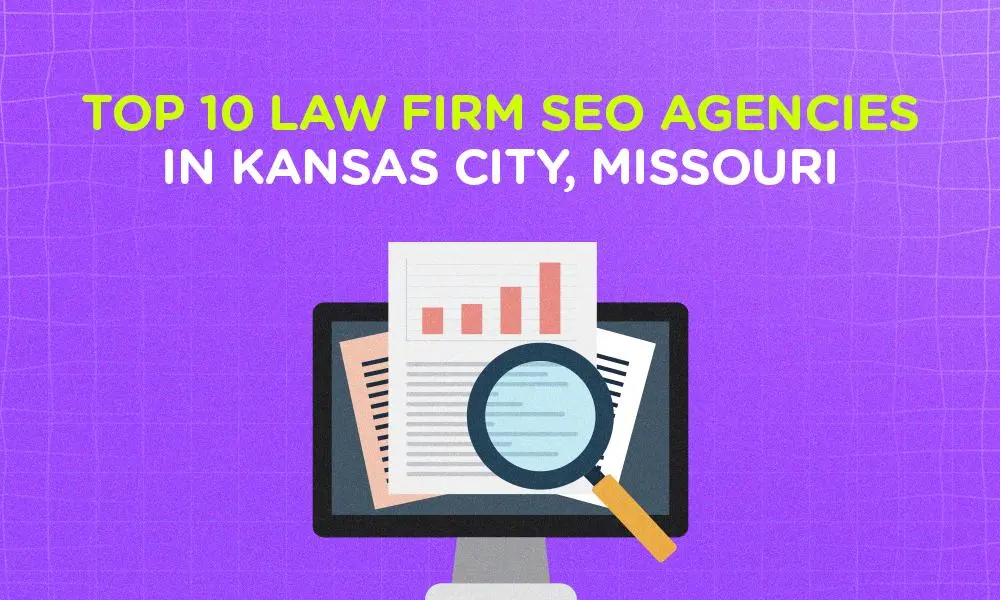 Graphic for Top 10 law firm SEO agencies in Kansas City, MO, featuring a desktop monitor and magnifier.