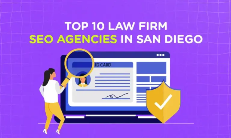 Top 10 law firm seo agencies in san diego graphic with a laptop, shield, and large magnifying glass.