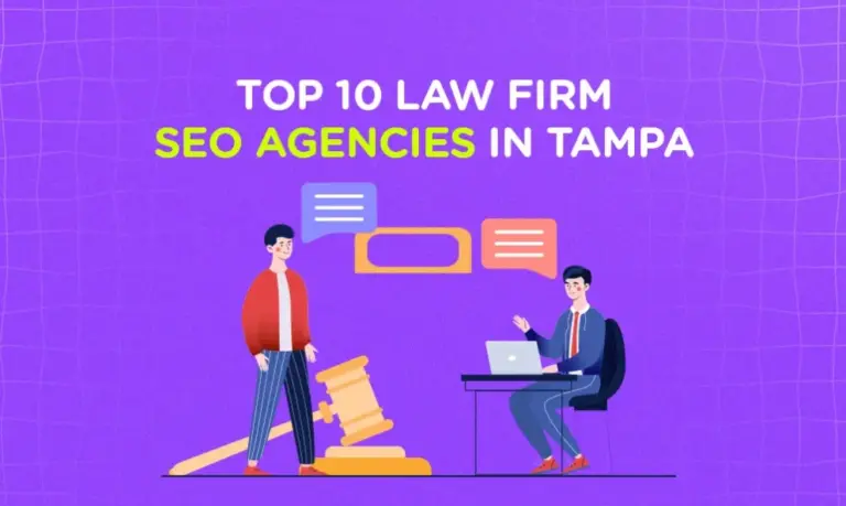 Graphic for Top 10 law firm SEO agencies in tampa, fl, featuring a two persons and a laptop.