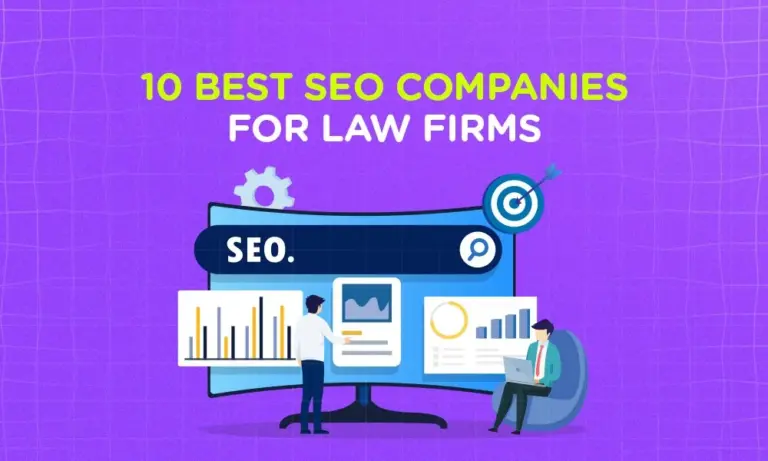10 best seo comapnies for law firms infographic on a purple background with a desktop screen and marketers.