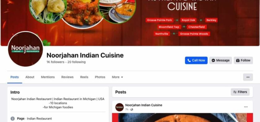 a image of a facebook page of Noorjahan indian cuisine